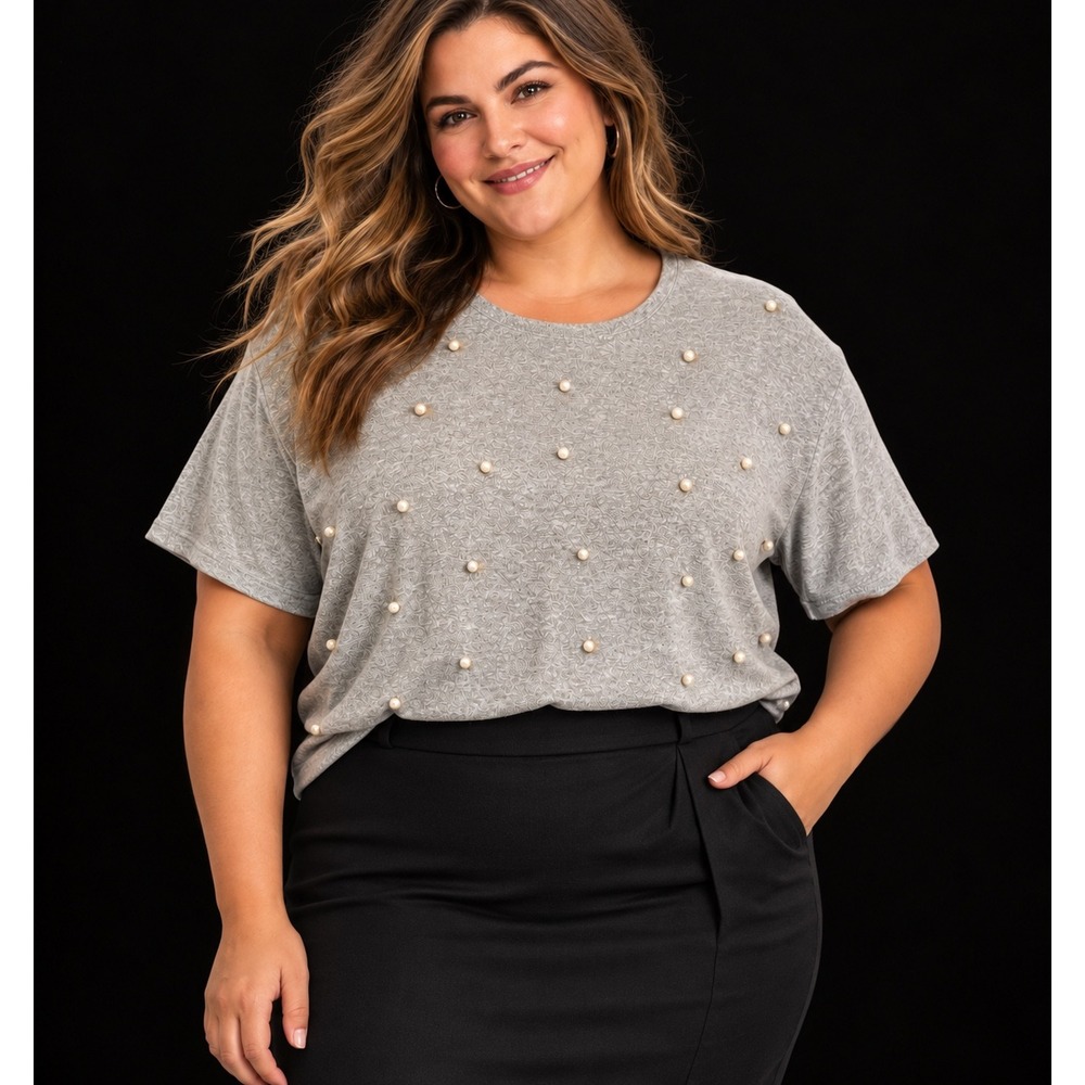 Lane Bryant Pearl Embellished Sweater Gray Plus Sz 26/28 Short Sleeve Glam Soft